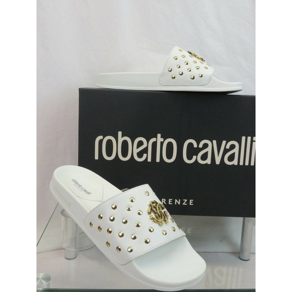ROBERTO CAVALLI WHITE LEATHER SNAKE MEDALLION LOGO STUDS SANDAL 42.5 / 9.5 ITALY - Picture 4 of 12
